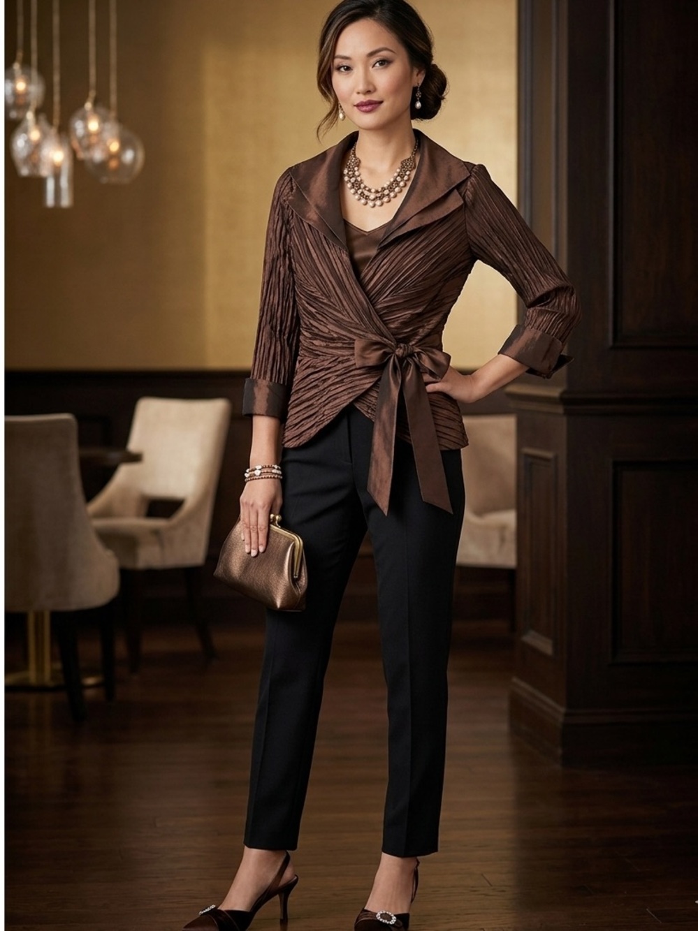 Vintage CACHET Satin Crop Wrap Jacket Top Brown Cocktail Dressy Lined Women’s 8 - Picture 2 of 8